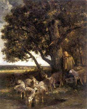 埃米爾 查爾斯 雅尅 A Shepherdess with Her Flock by a Pool